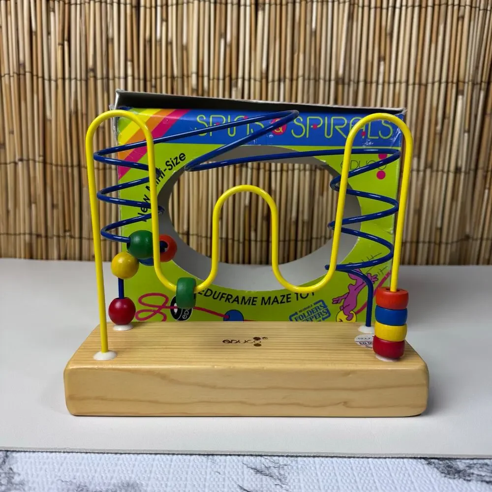 Vintage Educo Spins & Spirals Mini-Size Eduframe Wooden Bead Wire Maze Toy NIB